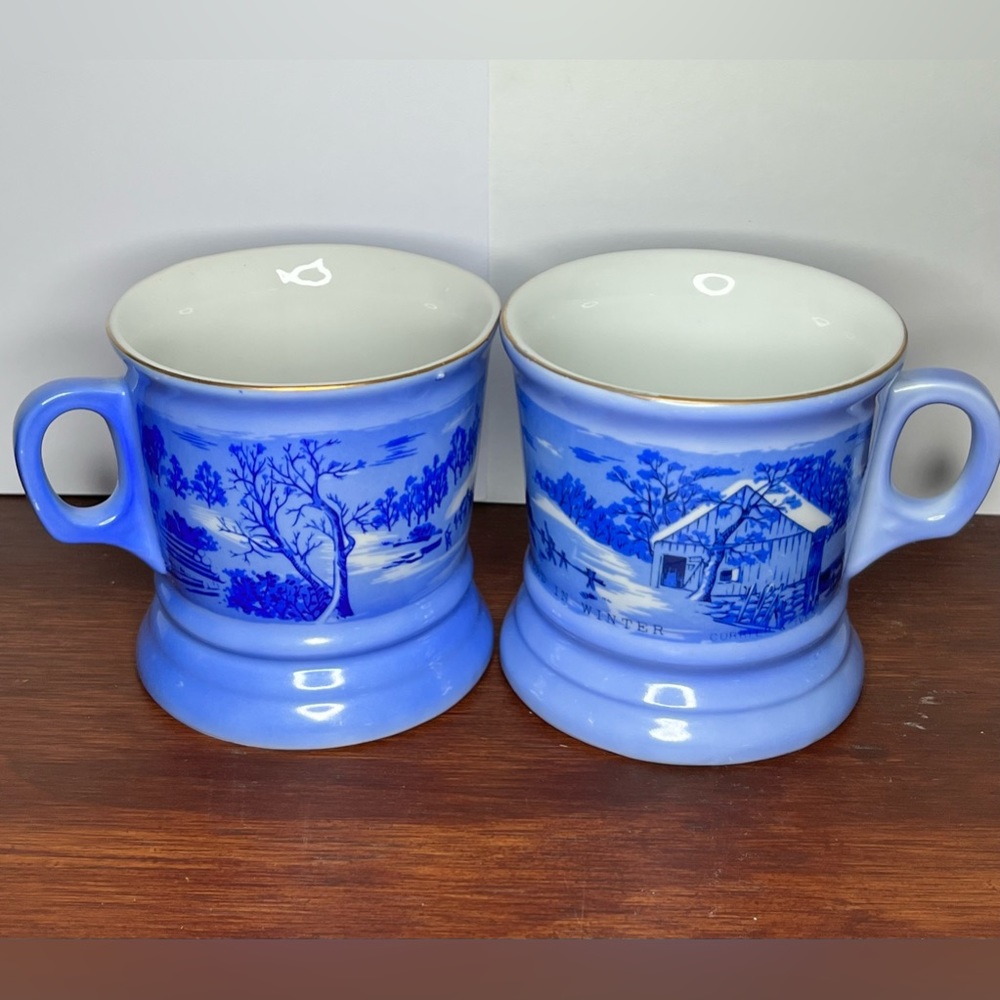 Currier and Ives Blue Winter Scene Gold Trim Vintage Collectible Coffee Cups